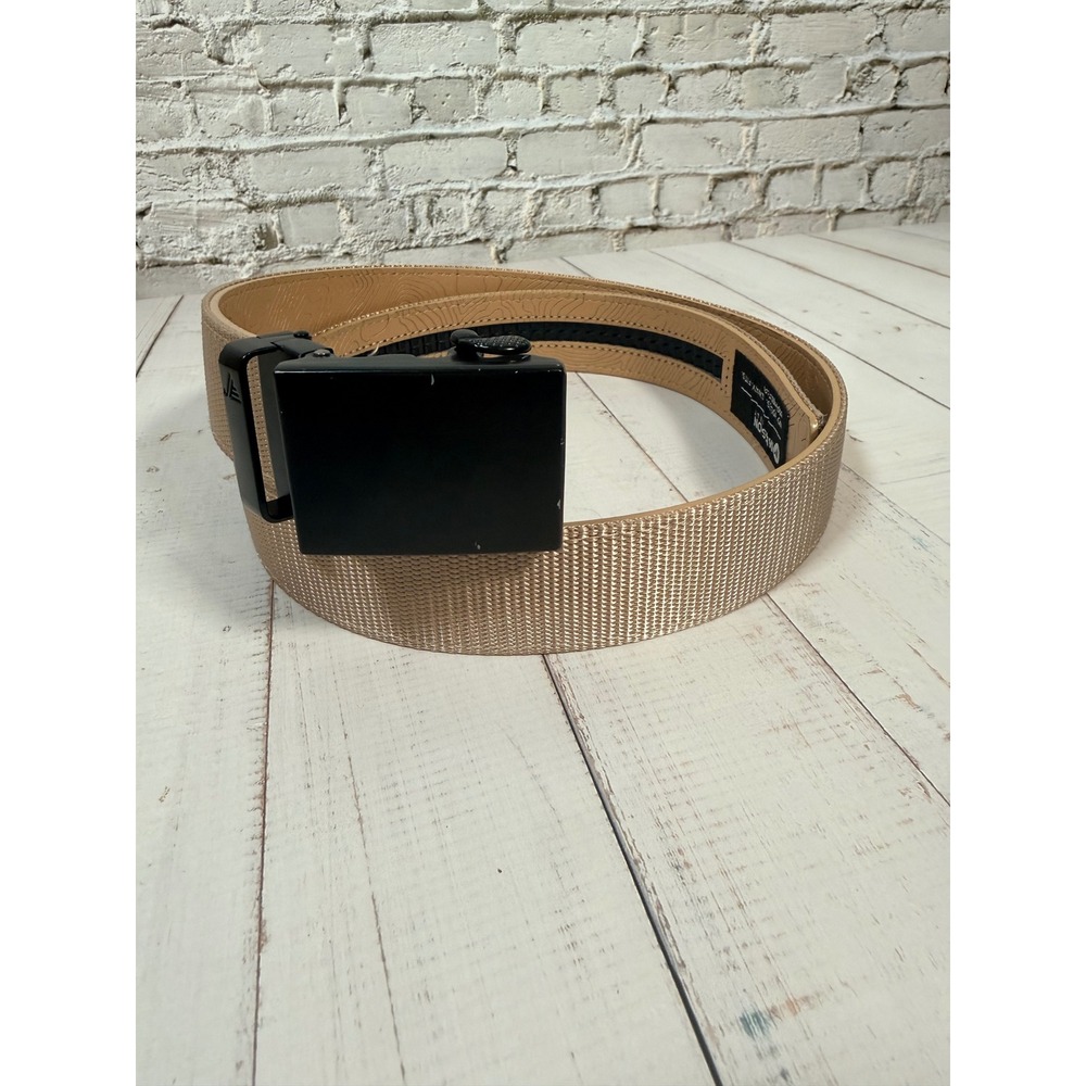 Mission Belt Mens Tan Nylon Ratchet Belt Black Buckle Topographic Map 42 Inch